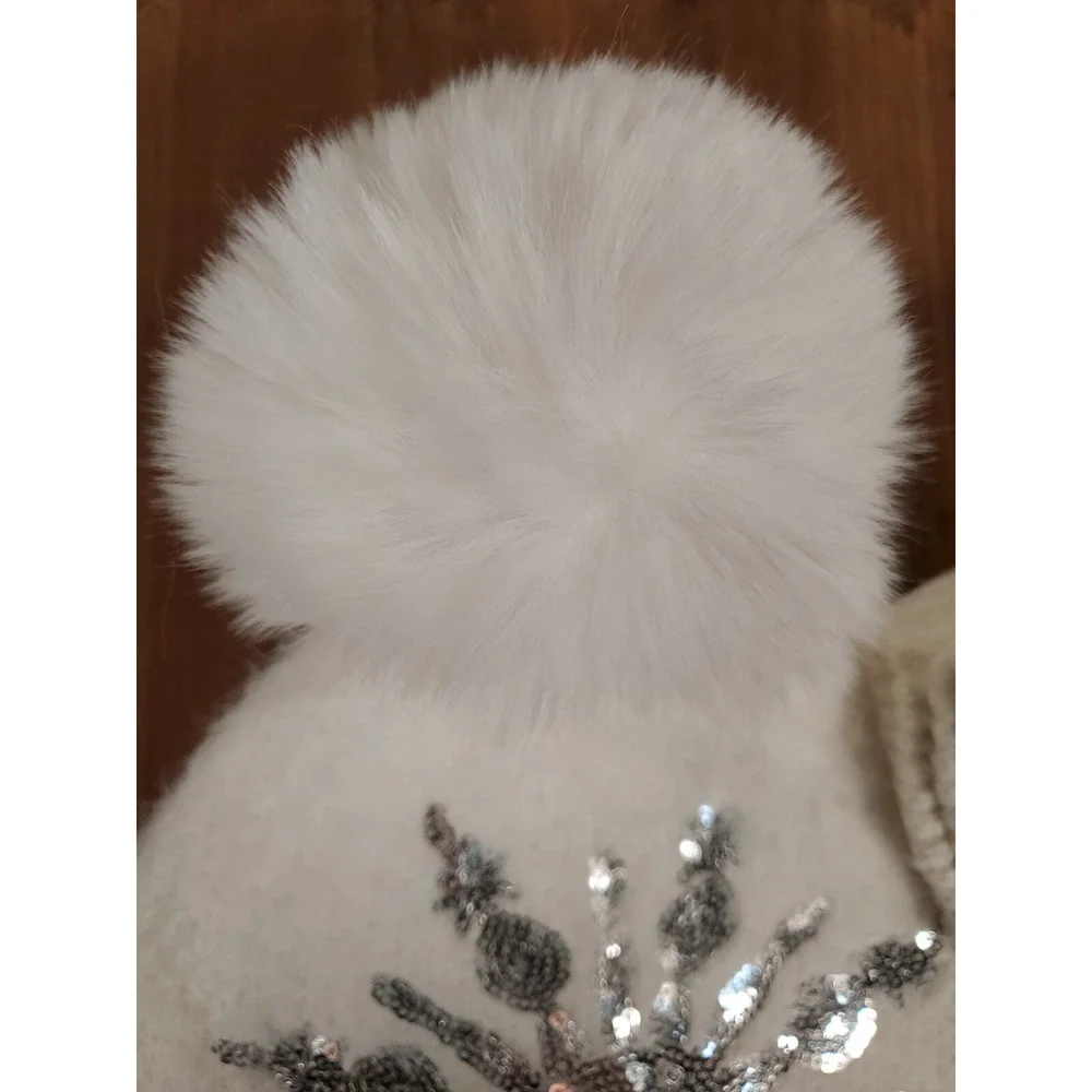Sequin Snowflake Hat & Gloves Set White Pom Pom Open Finger Texting Women's NEW